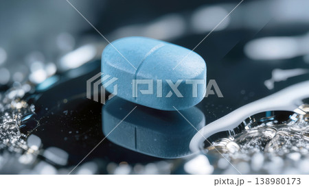 Blue Medical Tablet on Reflective Surface Blue Medical Tablet on Reflective Surface 138980173