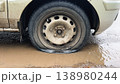 Flat tire on a car by the roadside.  138980244