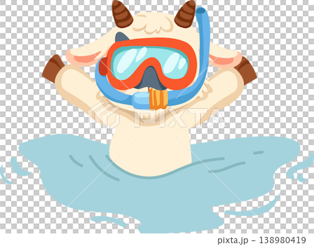 cute goat wearing snorkel mask swimming in water playful animal cartoon summer holiday design cute goat wearing snorkel mask swimming in water playful animal cartoon summer holiday design 138980419
