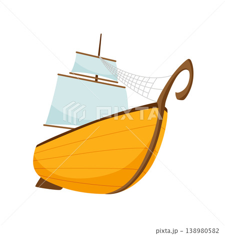 Yachts, sailboat or sailing ship. Cruise travel company icon design. Stylized cartoon pirate ship. Vector old vessels 138980582