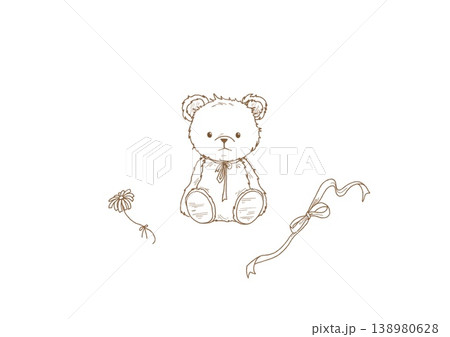 クマのぬいぐるみと花とリボンの線画 138980628