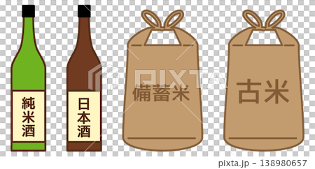 A simple icon set of Japanese food and sake, bottles and rice bags, sake bottles and rice bags, stockpiled rice, and old rice. A simple icon set of Japanese food and sake, bottles and rice bags, sake bottles and rice bags, stockpiled rice, and old rice. 138980657