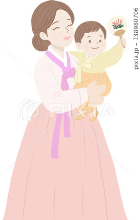A loving mother in traditional Korean hanbok holding her smiling child, who carries a small decorative fan A loving mother in traditional Korean hanbok holding her smiling child, who carries a small decorative fan 138980706