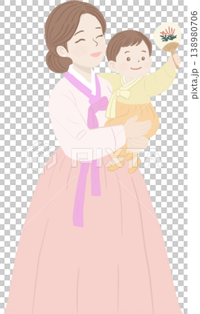 A loving mother in traditional Korean hanbok holding her smiling child, who carries a small decorative fan 138980706