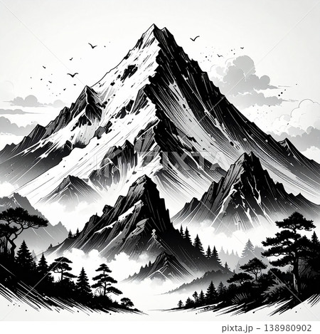 【AI生成画像】富士山他 日本の力強い山々の墨の描写 138980902