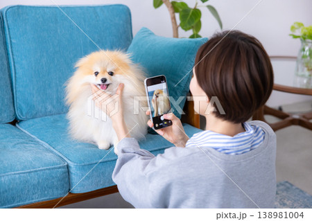 ライフスタイル 愛犬の写真をスマホで撮影する女性 ライフスタイル 愛犬の写真をスマホで撮影する女性 138981004