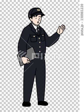 A full-body vector illustration of a police officer in uniform, facing diagonally, speaking to someone. 138981220