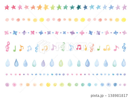 星や音符などの水彩のかわいい飾り線7点セット 星や音符などの水彩のかわいい飾り線7点セット 138981817