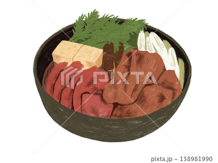 牛肉と野菜を甘辛い割下で煮る鍋料理のイラスト 138981990