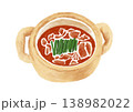 キムチと肉野菜を辛味スープで煮る鍋料理のイラスト 138982022