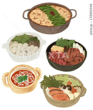 もつ鍋肉団子鍋すき焼きキムチ鍋石狩鍋など日本の鍋料理イラスト 138982048