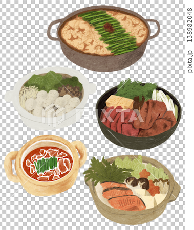 もつ鍋肉団子鍋すき焼きキムチ鍋石狩鍋など日本の鍋料理イラスト 138982048