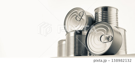 Tin cans Studio shot a composition copy space of several without labels is a graphic minimalistic art still life on food storage, stocks and food safety. The types of cans are standard metal Tin cans Studio shot a composition copy space of several without labels is a graphic minimalistic art still life on food storage, stocks and food safety. The types of cans are standard metal 138982132
