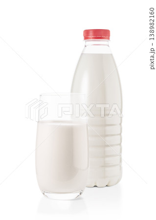 A plastic bottle of milk and a white glass glass of milk on a white empty isolate background. Vertical photo for articles and healthy eating in the minimalistic style. A plastic bottle of milk and a white glass glass of milk on a white empty isolate background. Vertical photo for articles and healthy eating in the minimalistic style. 138982160