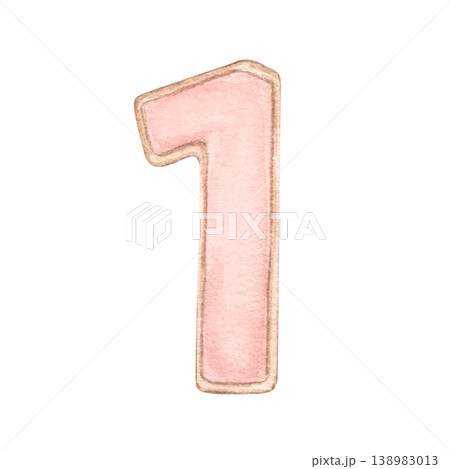 Number one is in pink, in the form of cookies. Watercolor illustration of a girly baby shower. One year old. Perfect for birthday decorations, invitations, posters, packaging, themed celebration. Number one is in pink, in the form of cookies. Watercolor illustration of a girly baby shower. One year old. Perfect for birthday decorations, invitations, posters, packaging, themed celebration. 138983013