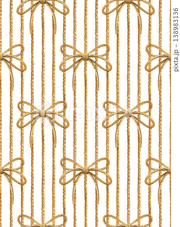 Seamless pattern of ropes and bows. Watercolor vertical striped composition with decorative knots. Ideal for textiles, packaging, wallpaper and nautical or rustic design projects 138983136