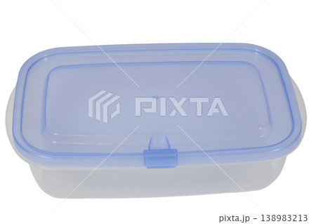 Empty plastic food container with blue lid isolated on transparent background. Empty plastic food container with blue lid isolated on transparent background. 138983213
