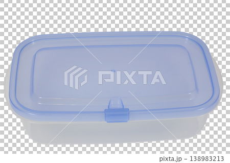 Empty plastic food container with blue lid isolated on transparent background. Empty plastic food container with blue lid isolated on transparent background. 138983213