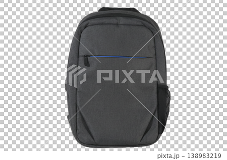 Front view of a minimalist grey backpack with blue zipper detail on transparent background Front view of a minimalist grey backpack with blue zipper detail on transparent background 138983219