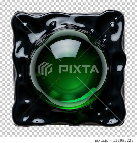 The image shows a decorative glass sphere in a deep green color, placed in a dark, textured square base The image shows a decorative glass sphere in a deep green color, placed in a dark, textured square base 138983225