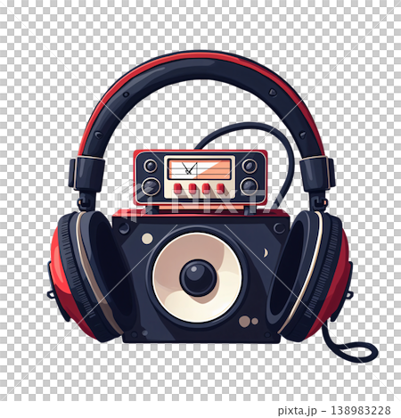 The image shows a stylized audio set, including a vintage radio and large headphones 138983228