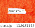 Words RISK VS SECURITY are prominently displayed on a clean white background, revealed through a wide, jagged horizontal tear in bright orange textured paper 138983352