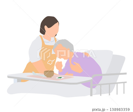 食事中にむせる高齢女性の介護シーン／誤嚥・食事介助・看護 138983359
