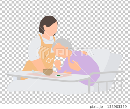 食事中にむせる高齢女性の介護シーン／誤嚥・食事介助・看護 138983359