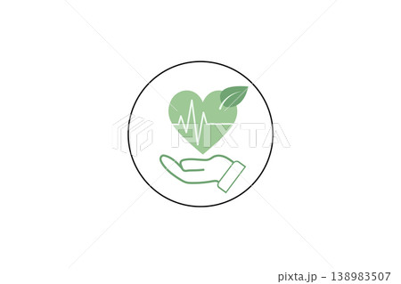 Green Heart Health Icon With Hand and Leaf Symbolizing Eco Wellness, Care and Sustainable Healthcare 138983507