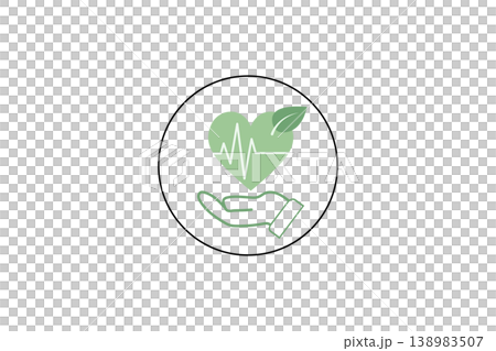 Green Heart Health Icon With Hand and Leaf Symbolizing Eco Wellness, Care and Sustainable Healthcare 138983507