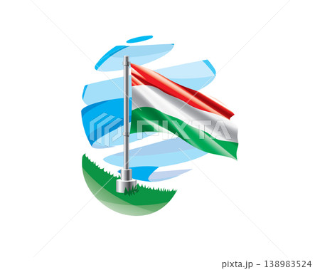 Hungarian flag on a green lawn against a background of blue abstract sky Hungarian flag on a green lawn against a background of blue abstract sky 138983524