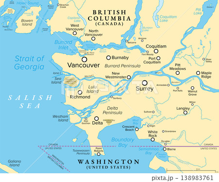 Greater Vancouver, British Columbia, Canada, political map, with largest cities and rivers. Also known as Metro Vancouver, a metropolitan area and geographic region, and part of Lower Mainland. Vector Greater Vancouver, British Columbia, Canada, political map, with largest cities and rivers. Also known as Metro Vancouver, a metropolitan area and geographic region, and part of Lower Mainland. Vector 138983761