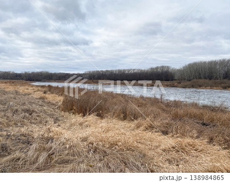 Rural river view during spring flood with bare trees and withered vegetation. Rural river view during spring flood with bare trees and withered vegetation. 138984865