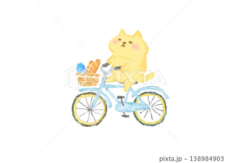 自転車に乗ってお買い物中のかわいい猫　水彩イラスト素材 138984903