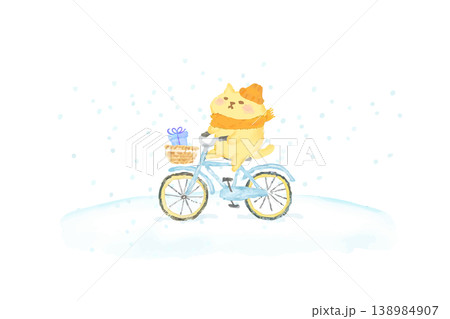 冬 自転車に乗っているかわいい猫 水彩イラスト素材 冬 自転車に乗っているかわいい猫 水彩イラスト素材 138984907