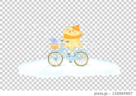 冬日里，一隻可愛的貓咪騎著腳踏車－水彩插畫素材 138984907