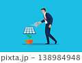 Businessman watering a solar panel plant for green energy investment concept. 138984948