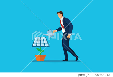 Businessman watering a solar panel plant for green energy investment concept. Businessman watering a solar panel plant for green energy investment concept. 138984948