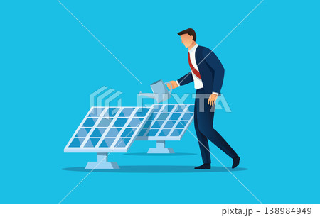 Businessman watering a solar panel plant for green energy investment concept. Businessman watering a solar panel plant for green energy investment concept. 138984949