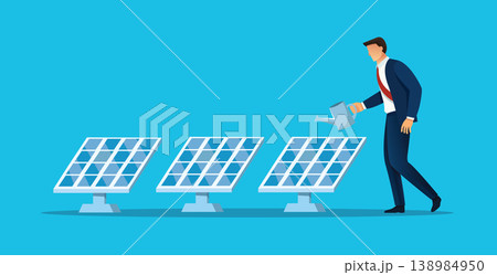 Businessman watering a solar panel plant for green energy investment concept. Businessman watering a solar panel plant for green energy investment concept. 138984950