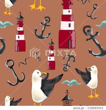 Seagulls, lighthouses, waves and chickens on a brown background. Children's pattern.  138985042