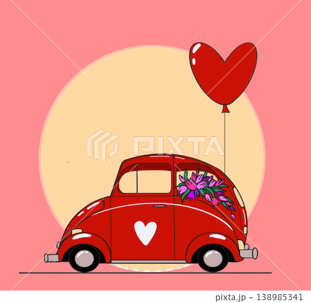 A cute hand-drawn red vintage car with heart balloon and floral decoration on a pink background. A cute hand-drawn red vintage car with heart balloon and floral decoration on a pink background. 138985341