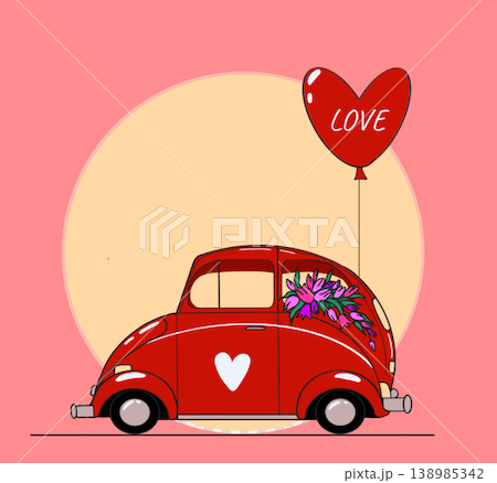 A cute hand-drawn red vintage car with heart balloon and floral decoration on a pink background. A cute hand-drawn red vintage car with heart balloon and floral decoration on a pink background. 138985342