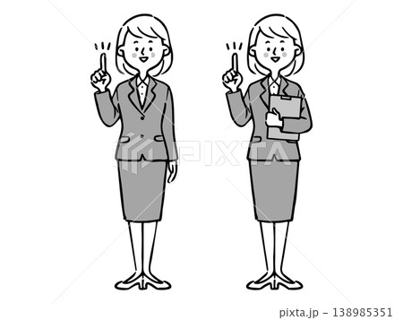 ポイントを説明する女性会社員 全身 ベクター(モノクロ) ポイントを説明する女性会社員 全身 ベクター(モノクロ) 138985351