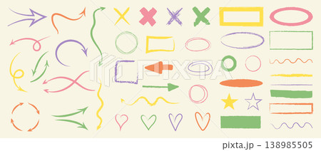Collection of hand-drawn graphic elements including arrows hearts and shapes Collection of hand-drawn graphic elements including arrows hearts and shapes 138985505