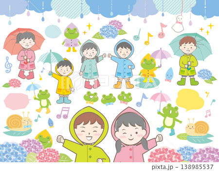 雨の日に傘をさしている子供たちと蛙・紫陽花などのイラスト 雨の日に傘をさしている子供たちと蛙・紫陽花などのイラスト 138985537