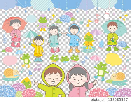 雨の日に傘をさしている子供たちと蛙・紫陽花などのイラスト 雨の日に傘をさしている子供たちと蛙・紫陽花などのイラスト 138985537