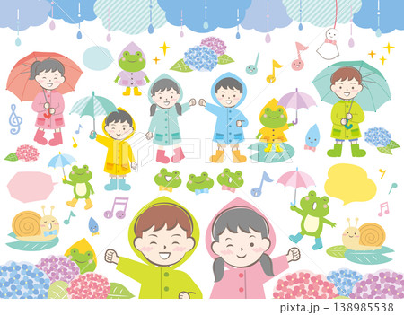 雨の日に傘をさしている子供たちと蛙・紫陽花などのイラスト	 138985538