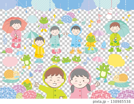 雨の日に傘をさしている子供たちと蛙・紫陽花などのイラスト	 138985538
