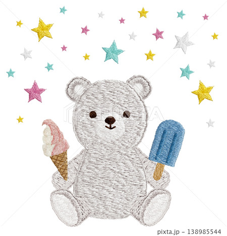 【シロクマとアイスと星】手刺繍イラスト素材 【シロクマとアイスと星】手刺繍イラスト素材 138985544